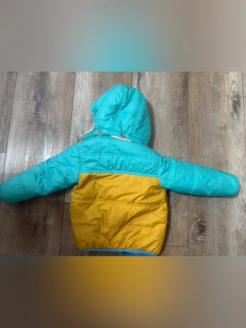 Patagonia Reversible Kids Jacket in Teal, Mustard & Cream Tribbles 3T